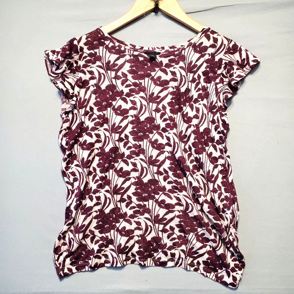 Ann Taylor Top Womens XS Purple Floral 100% Linen Ruffle Flutter Sleeve Shirt